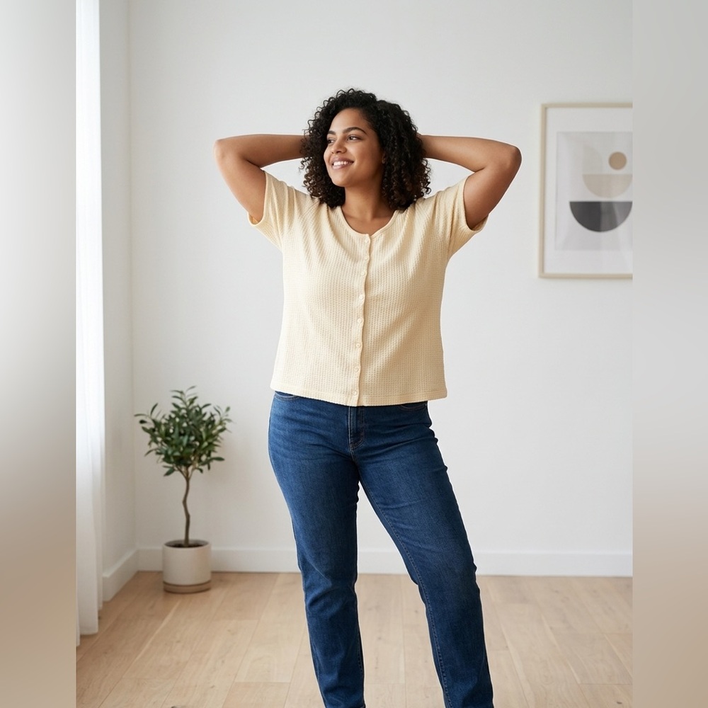 L.L. Bean Cream Waffle-Knit Short Sleeve Top